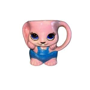VINTAGE Bunny Rabbit Figural Mug Pink Kitsch Lop 1970s Handpainted Easter Cup